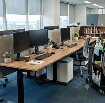 Modern office workspace with desks, monitors, chairs, and a window view