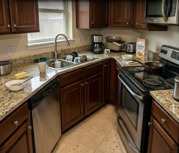 Small kitchen with brown cabinets, granite counters, sink, stove, coffee maker, and a window.