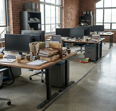 Modern open office with wooden desks, computer monitors, books, and large industrial windows