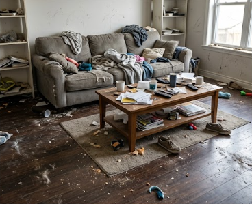 Messy living room with a gray sofa, cluttered coffee table, and trash scattered across the wooden floor.