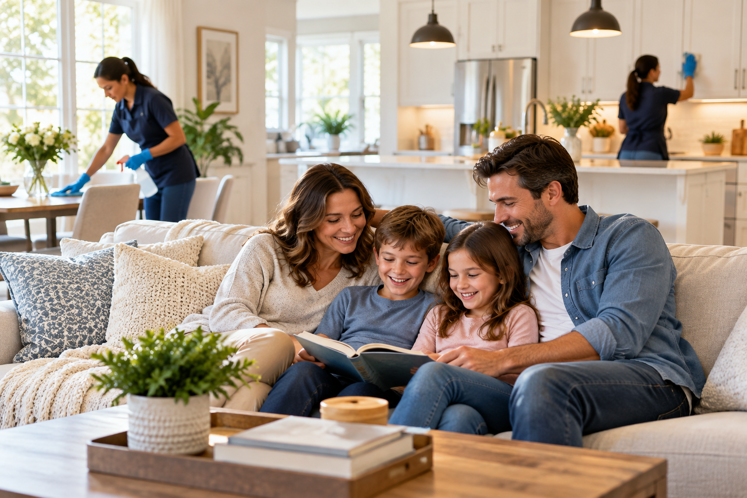 Family reading together on a couch in a bright living room while someone cleans in the background