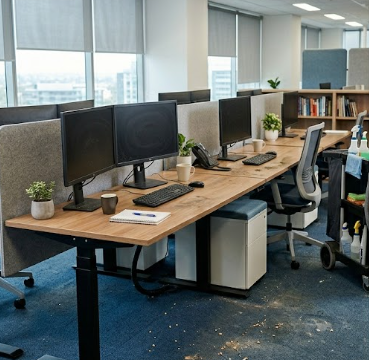 Modern open office workspace with dual monitors, wooden desks, chairs, and large windows