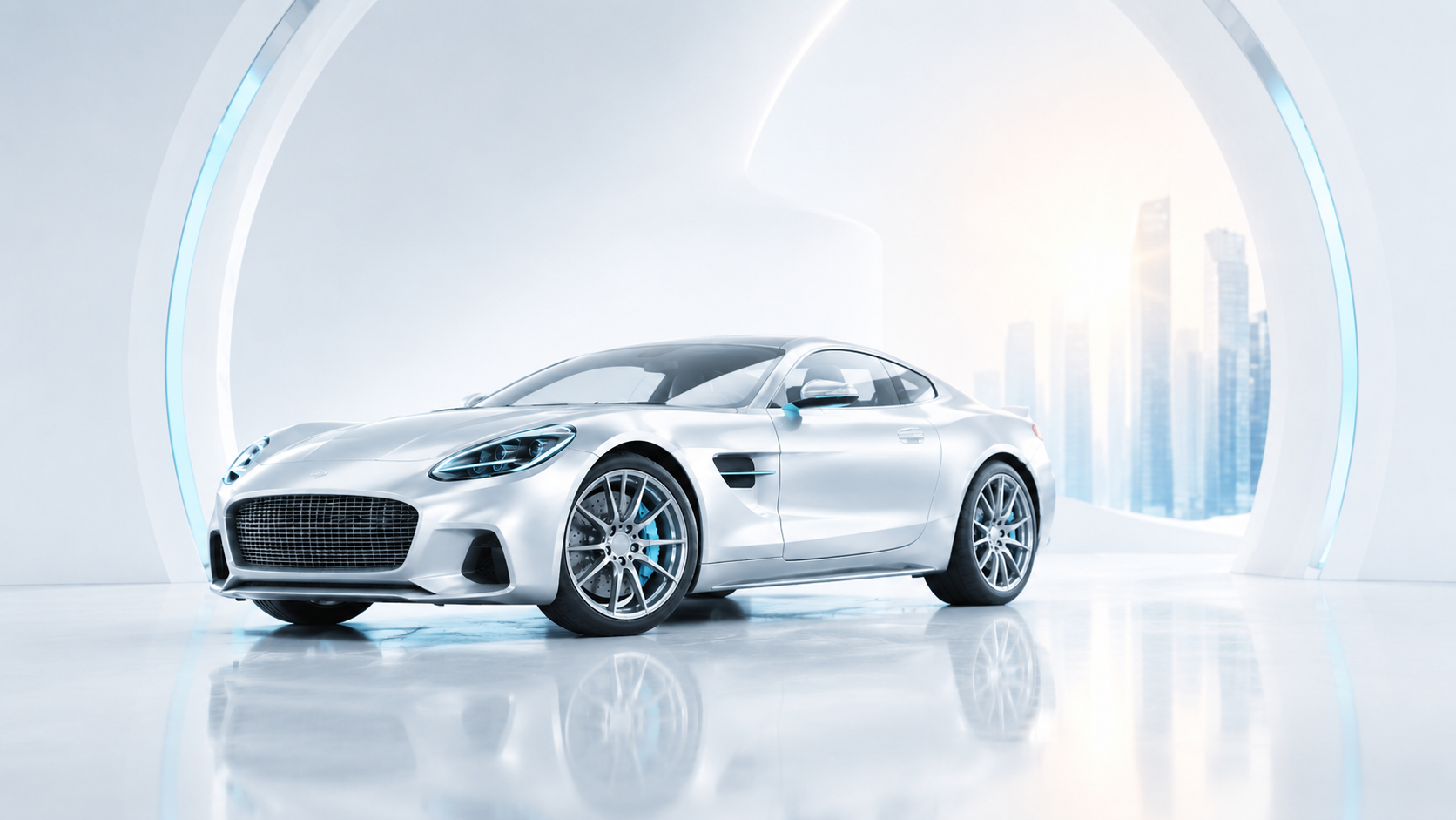 Silver sports car in a bright futuristic showroom with glossy white floors and arched lighting