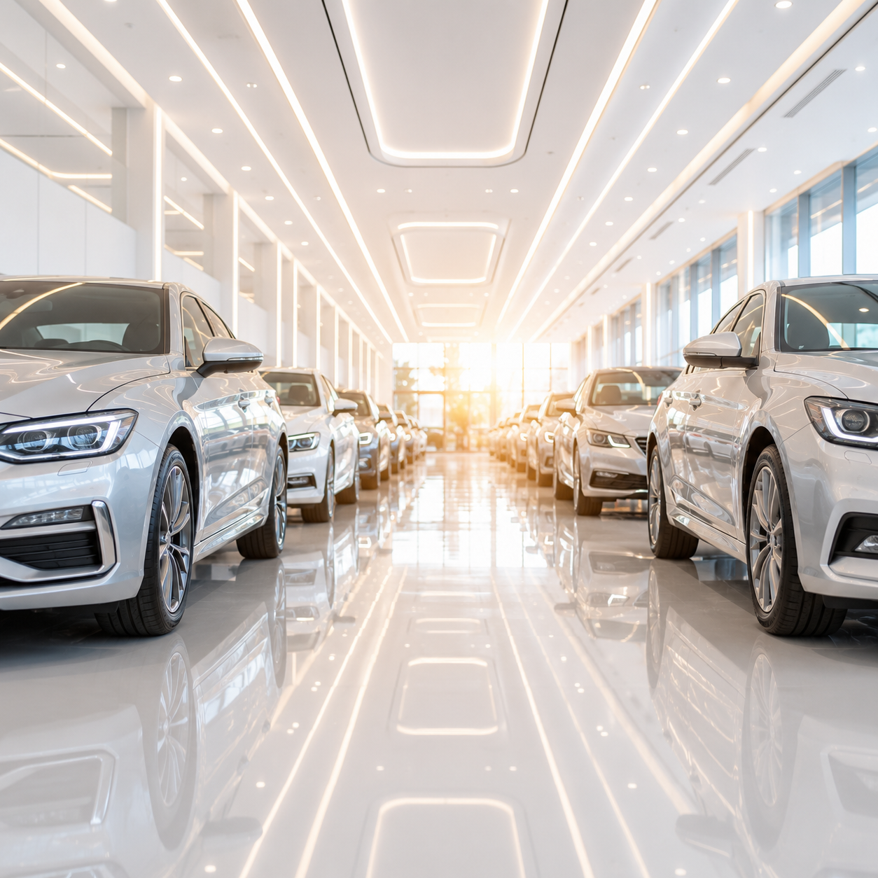 Bright luxury car showroom with silver SUVs lined along a glossy white floor under modern ceiling lights