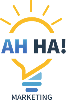 Logo for AH HA! Marketing featuring a stylized yellow lightbulb icon with a blue base and the text 