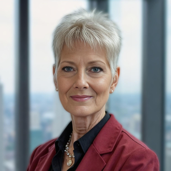Woman with short white hair, wearing a red blazer, black shirt, and necklace, smiling, indoors.