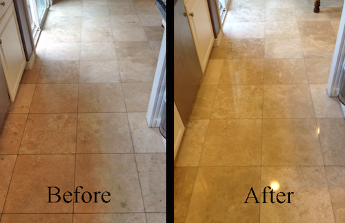 A before and after photo of a tile floor in a kitchen