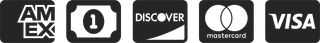 Row of payment card logos: American Express, Discover, Mastercard, Visa and another card icon.