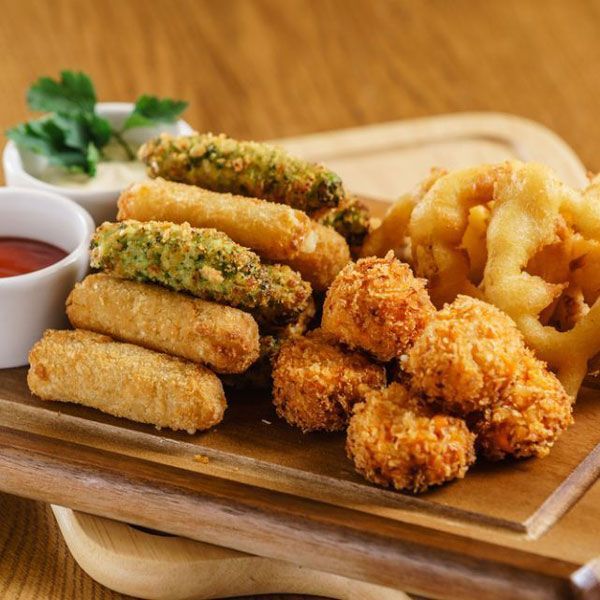 fried mozzarella sticks and onion rings