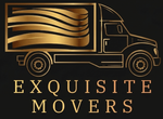 Gold outline logo of a moving truck with stylized flag and text “EXQUISITE MOVERS” on a black background
