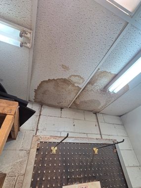 Ceiling with water damage and peeling tiles above a wall-mounted black pegboard.