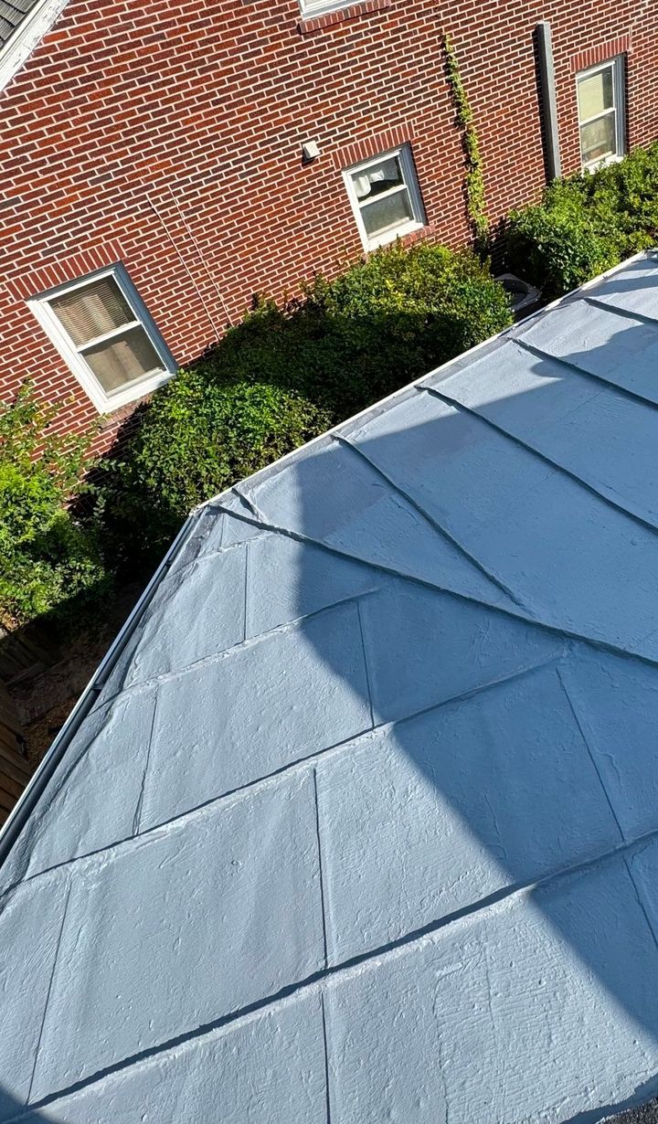 Blue metal roof beside a red brick house with windows and green shrubs on a sunny day