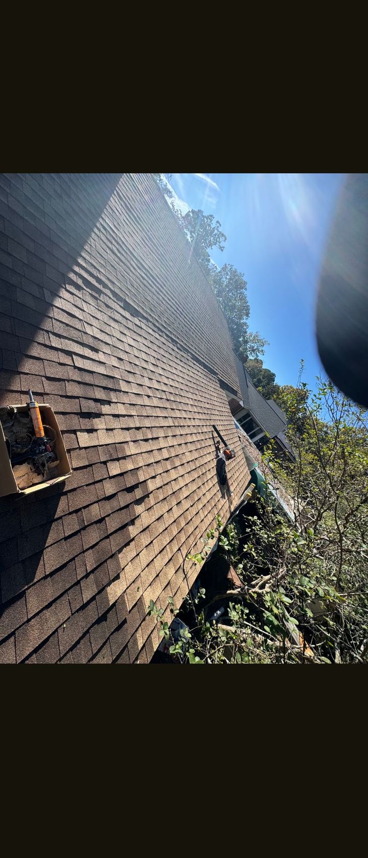 Brick house wall and blue sky, with sunlight and trees in the corner.