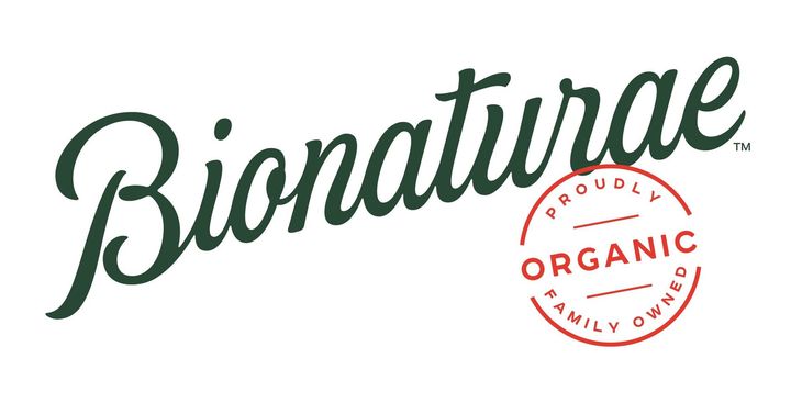 Dark green logo for Bionaturae with a circular red stamp reading