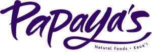 Purple logo for Papaya's Natural Foods, Kaua'i, featuring a brush-style script font.