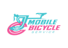 Logo for JC's Mobile Bicycle Service: winged cyclist, pink and blue, with a phone number below.
