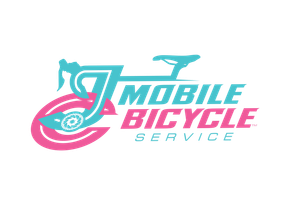 Logo for JC's Mobile Bicycle Service: winged cyclist, pink and blue, with a phone number below.