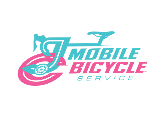 Logo for JC's Mobile Bicycle Service: winged cyclist, pink and blue, with a phone number below.