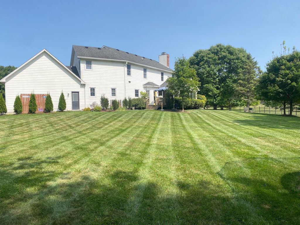 Suburban house with a large striped green lawn and trees under a clear blue sky