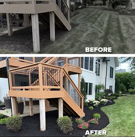 Before-and-after of a house deck: bare ground changes to a mulched, landscaped yard with shrubs.