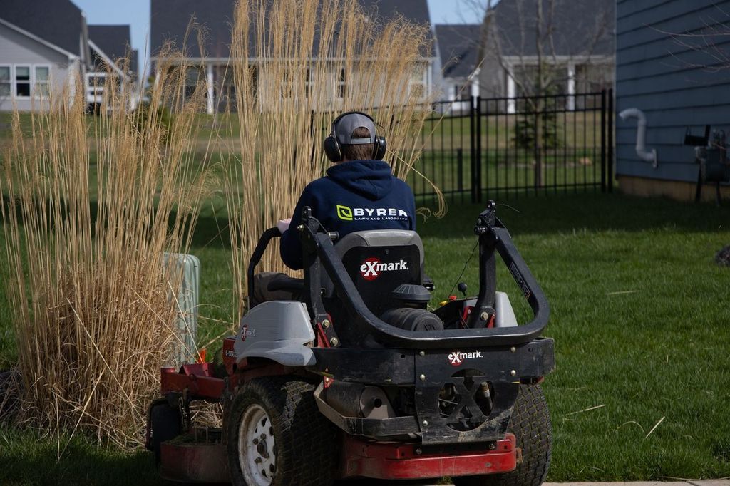 Person riding a red lawn mower across a grassy yard near tall ornamental grass and suburban houses