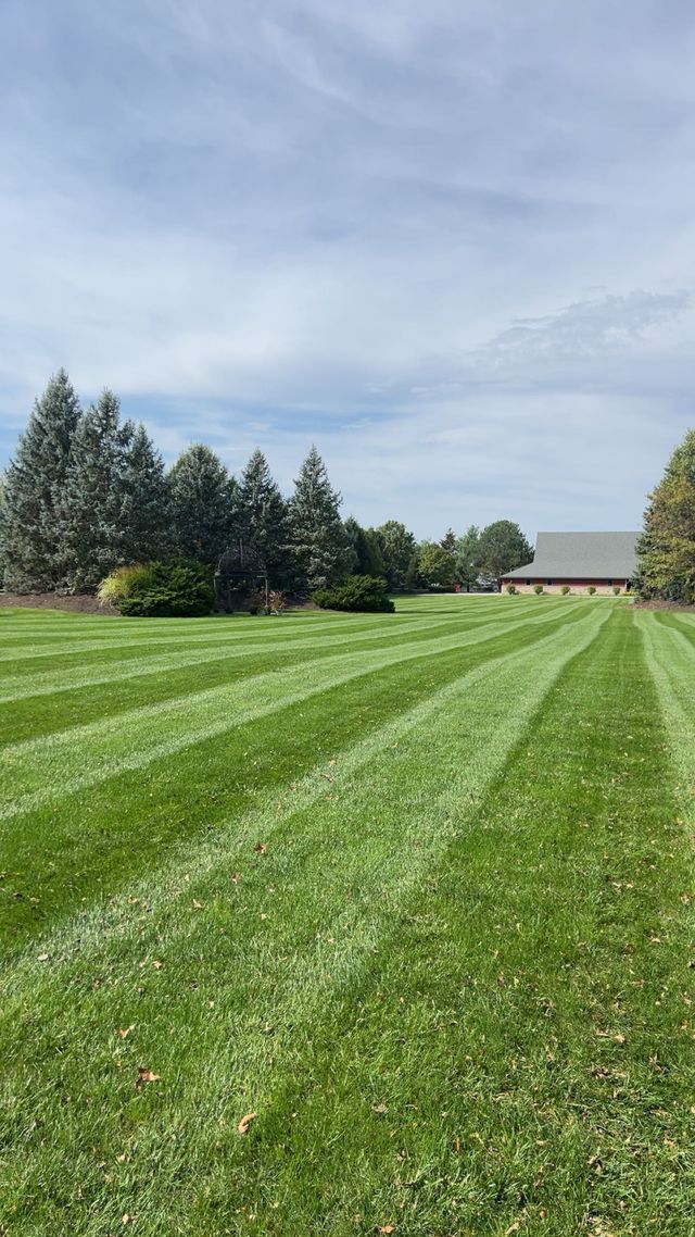 Striped green lawn leading to a farmhouse and trees under a cloudy sky
