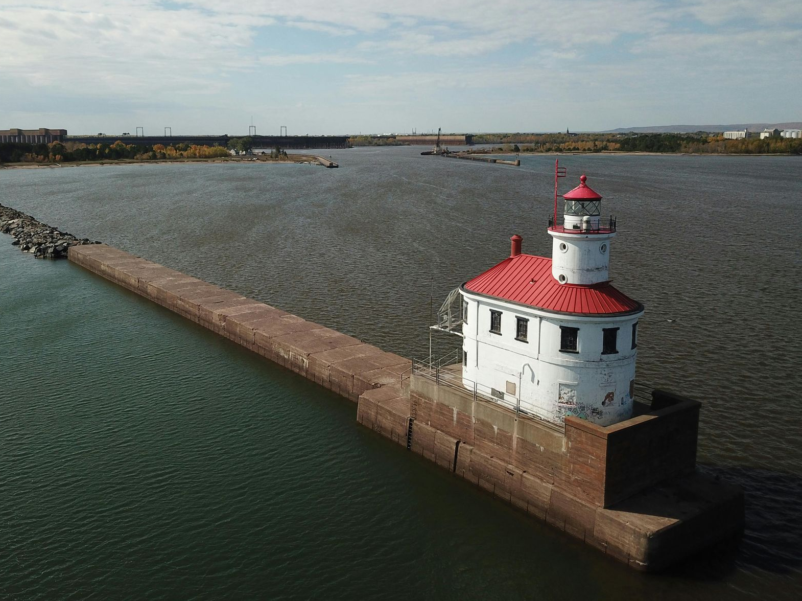 Wisconsin Point Light house sticking out into Lake Superior