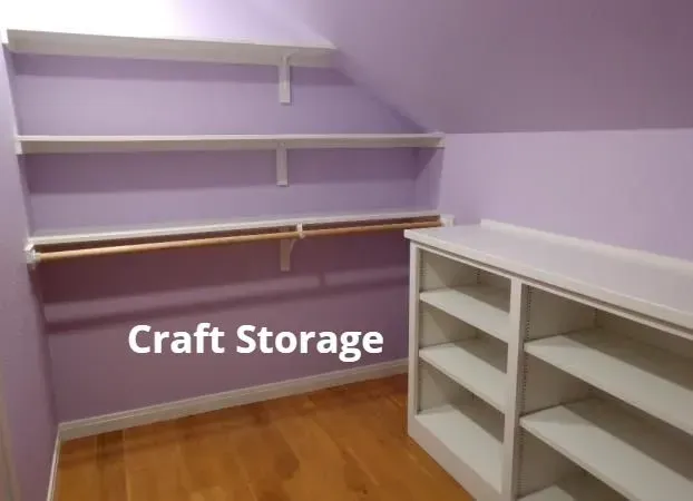 Lavender craft storage room with white shelves and wooden floor