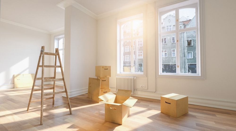 Bright, empty room with ladder, moving boxes, and sunlight through tall windows