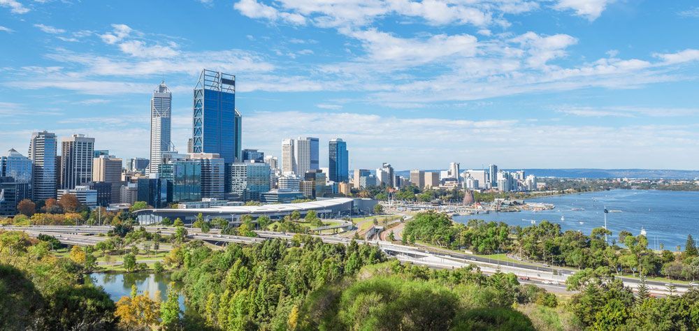 An Aerial View of a City Skyline Surrounded by Trees and Water — Gall Bros Medical in Perth, WA