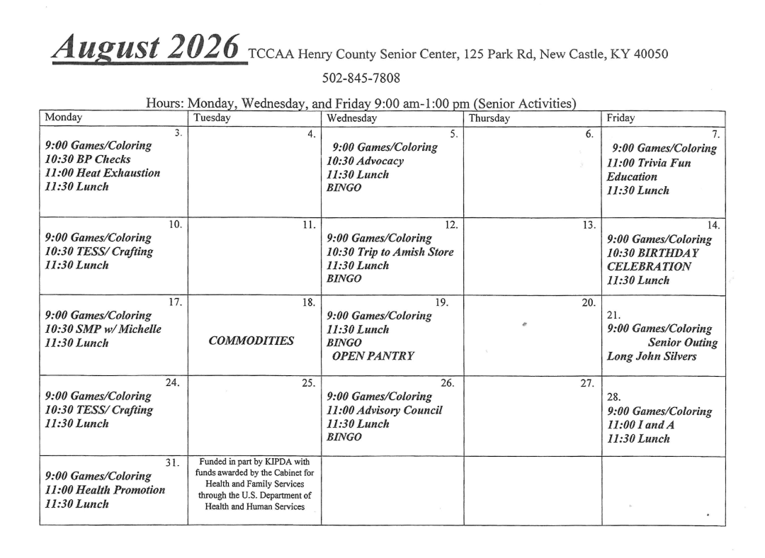 April 2025 TCCAA Senior Center Henry County monthly calendar with event listings and colorful illustrations