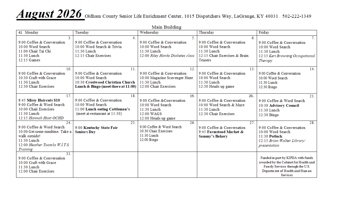 April 2026 monthly calendar with a grid of dates and small event notes