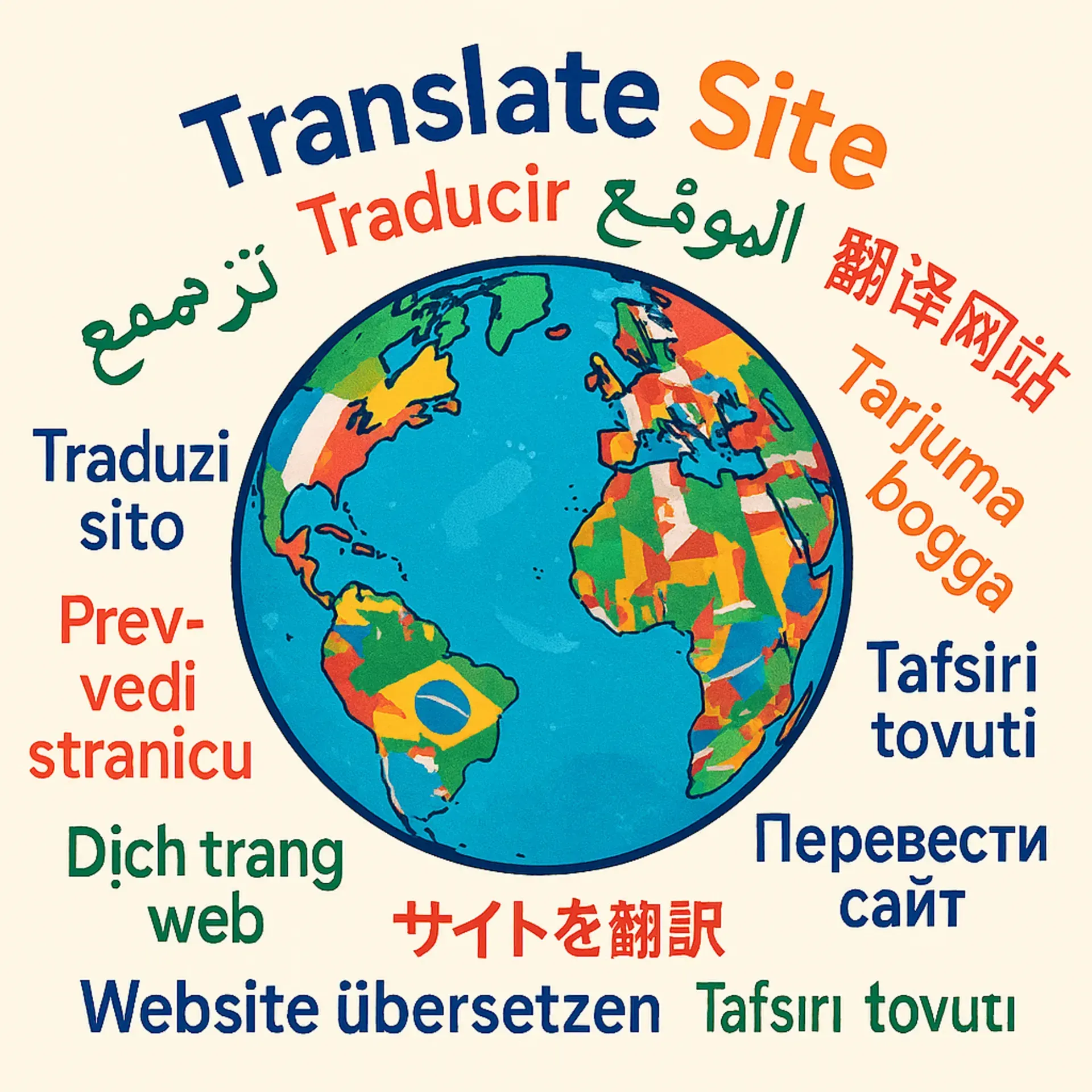 Colorful globe with “Translate Site” in multiple languages around it, suggesting website translation.