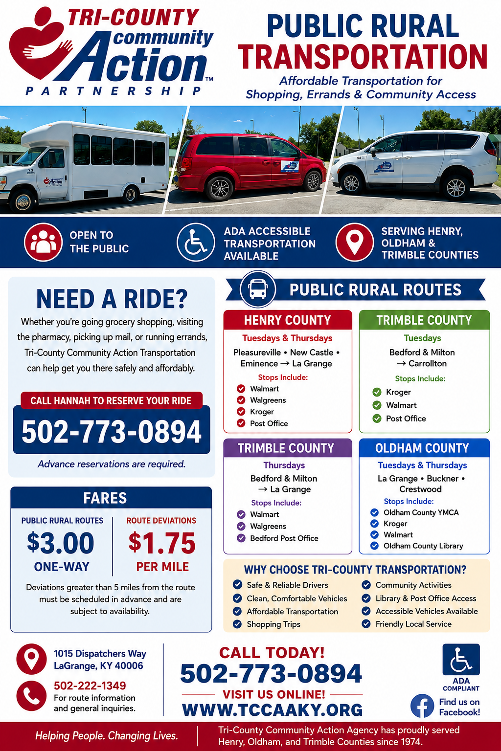 Bus ride schedule flyer with county contact boxes and a call to schedule line: 502-773-0894