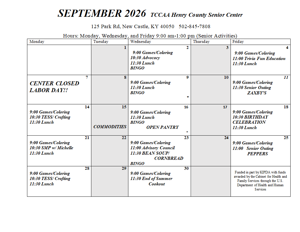 April 2025 TCCAA Senior Center Henry County monthly calendar with event listings and colorful illustrations