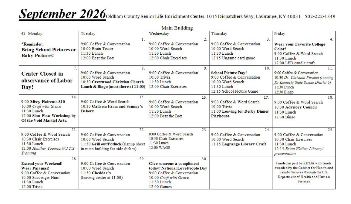 April 2026 monthly calendar with a grid of dates and small event notes
