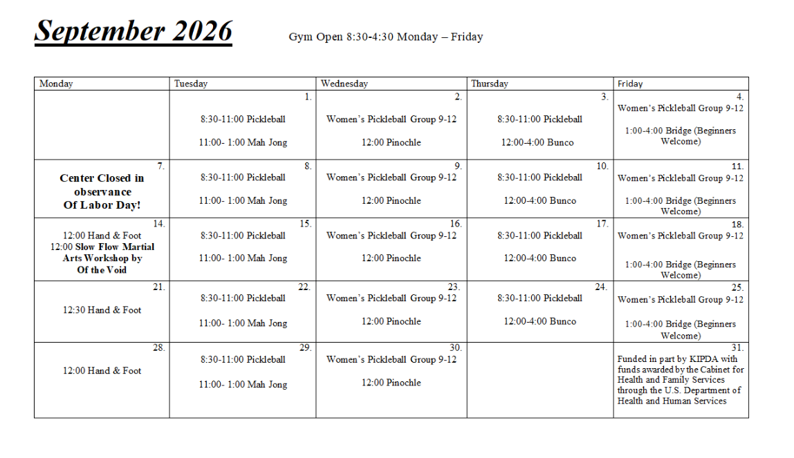 April 2026 monthly calendar with a grid of dates and small event notes