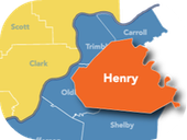 Map of Illinois counties with Henry County highlighted in orange and neighboring counties labeled.