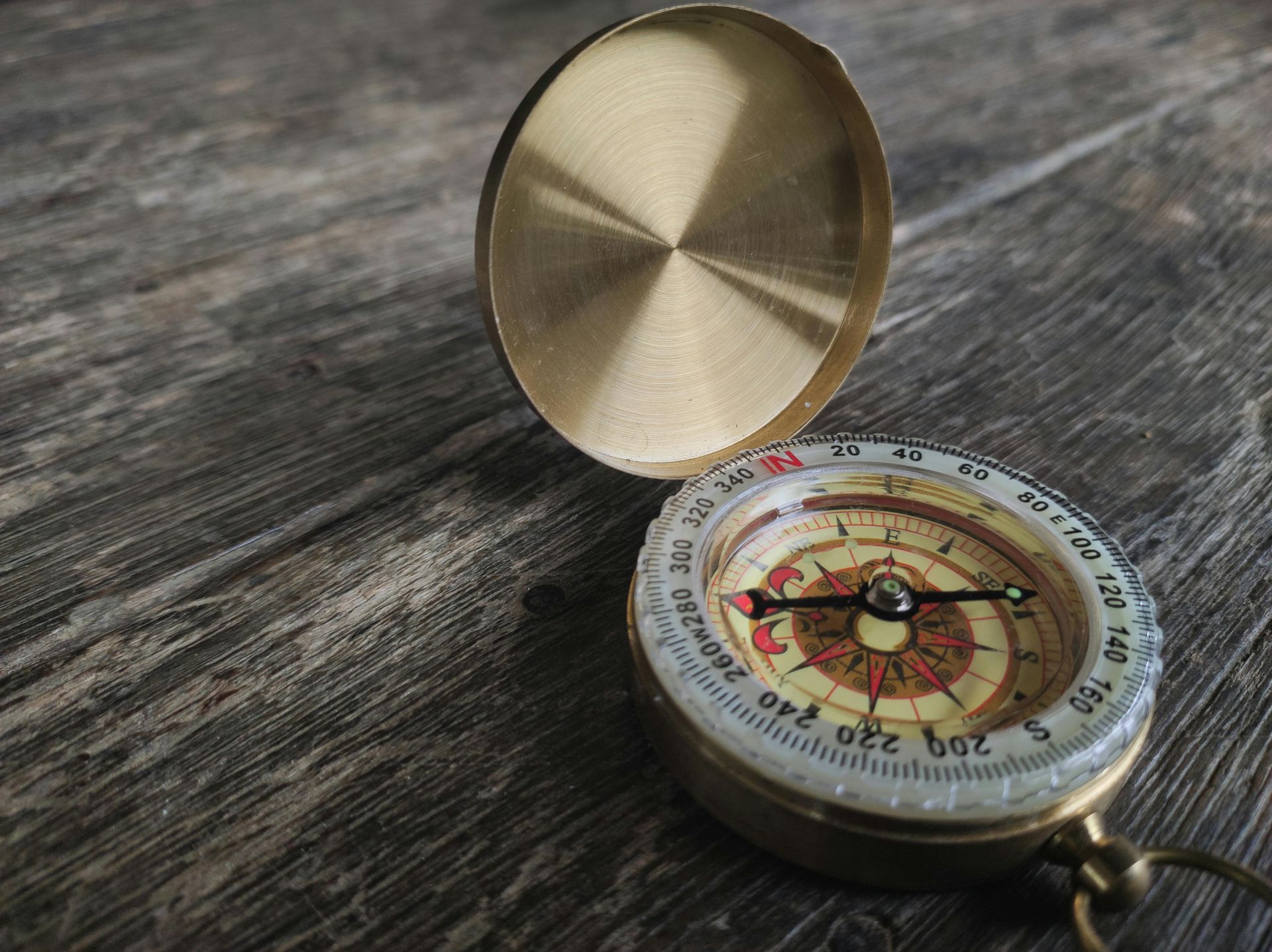 Pocket compass open on a wooden surface, with a gold lid and detailed face.