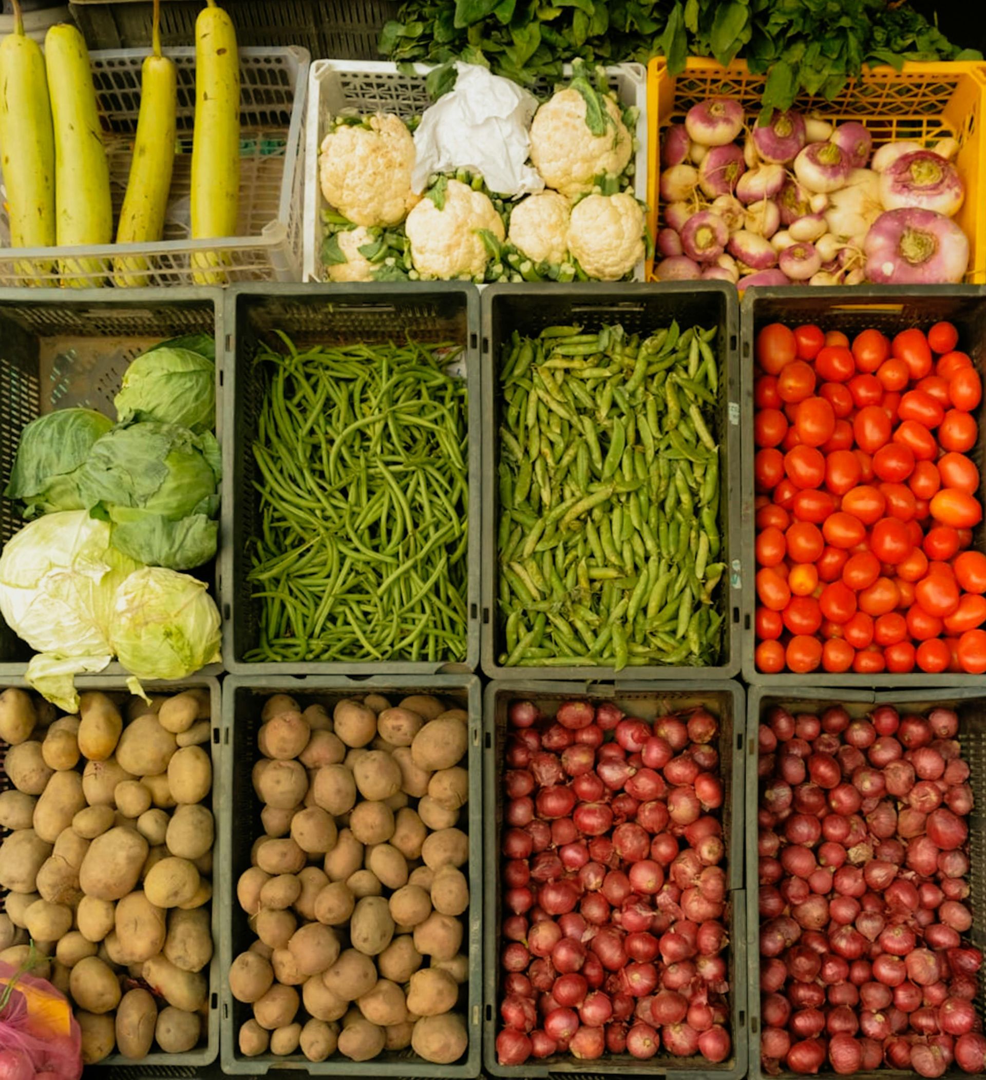 Assorted fresh vegetables neatly arranged in crates at a market stall, including peppers, tomatoes, potatoes, and greens