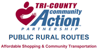 Tri-County Community Action Partnership logo with “Public Rural Routes” and “Affordable Shopping & Community Transportation”
