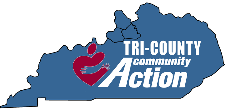 Tri-County Community Action logo on blue state silhouette with red figure icon