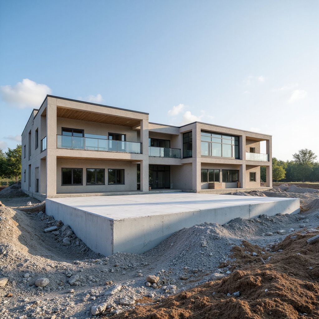 Modern two-story house under construction, featuring concrete foundation, light-colored exterior.
