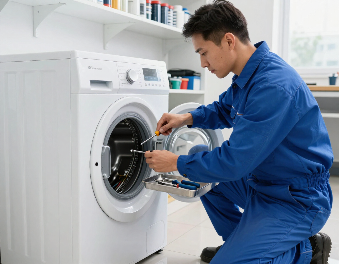 Técnico con mono azul reparando una lavadora de carga frontal en una lavandería.