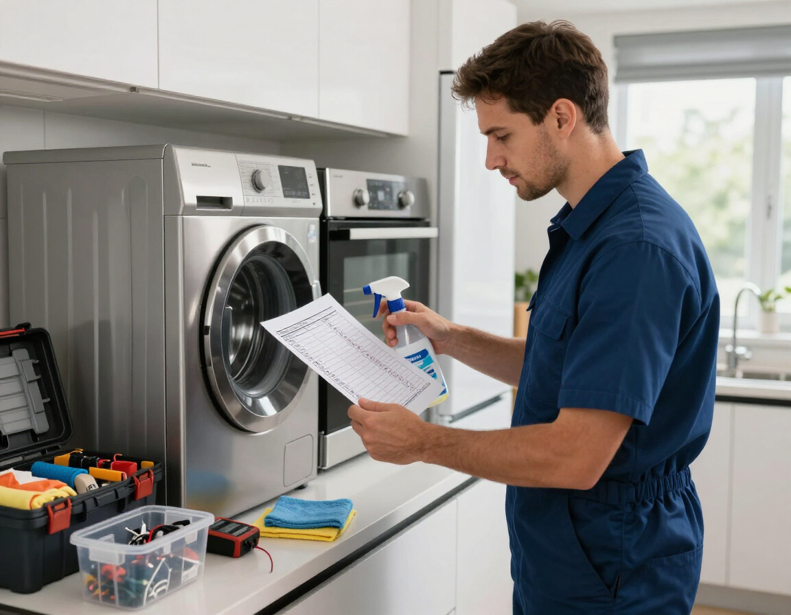 Técnico inspeccionando una lavadora de carga frontal