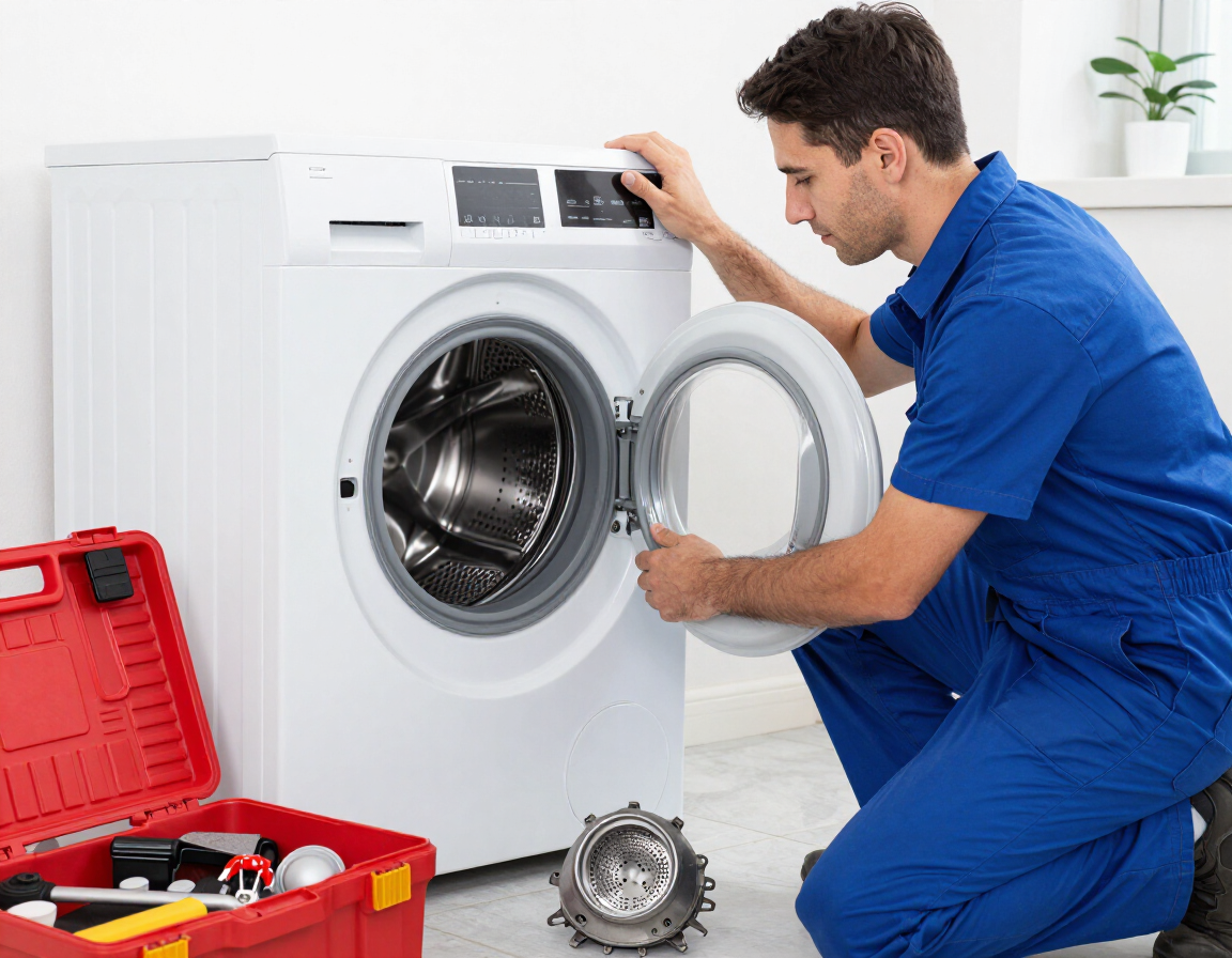 Técnico con uniforme azul reparando una lavadora de carga frontal con herramientas a mano.