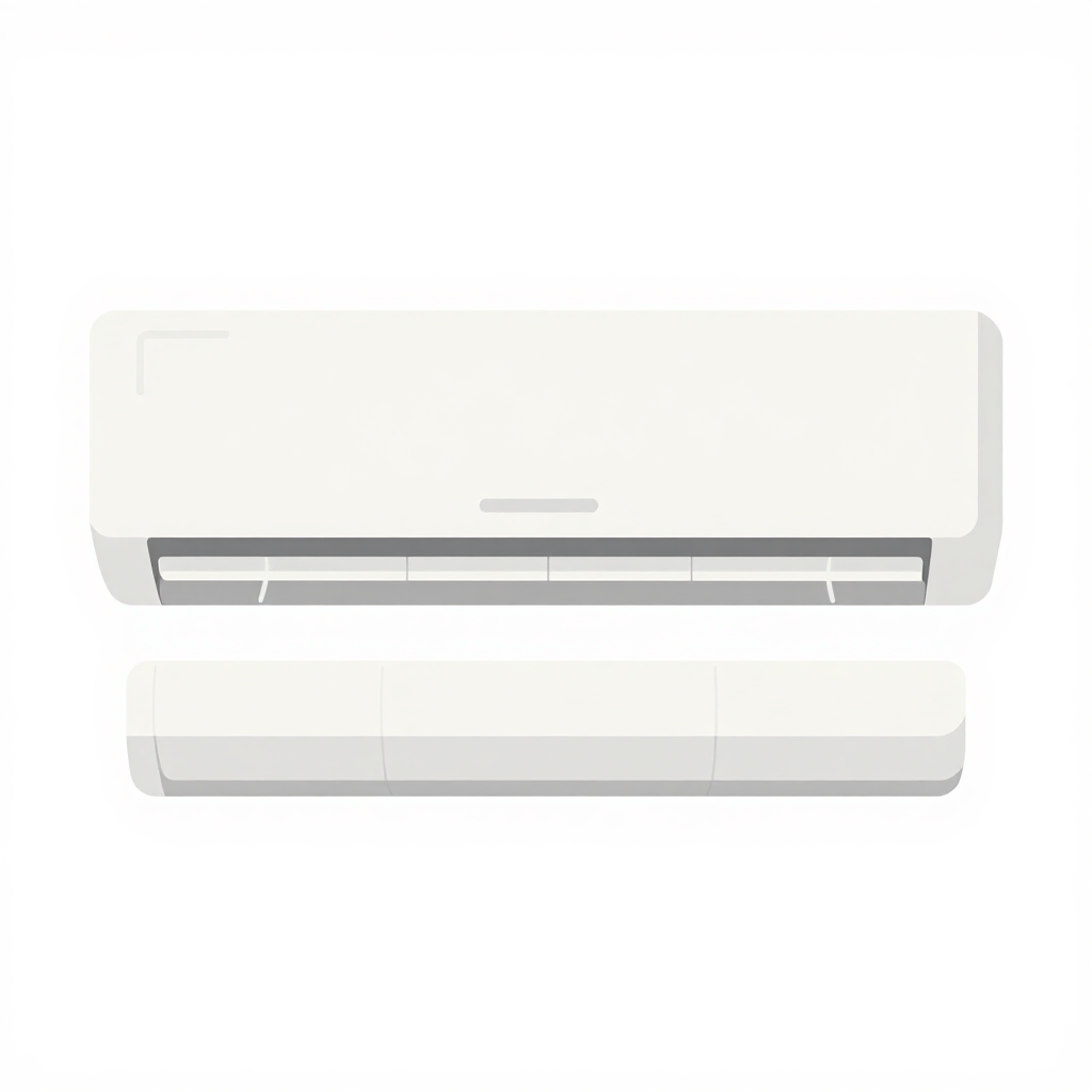 Aire acondicionado blanco de pared con unidad interior inferior, vista frontal.