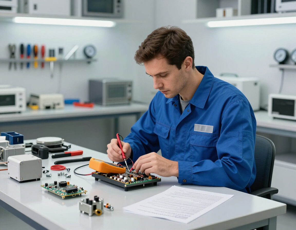 Técnico con camisa azul ensamblando componentes electrónicos en un banco de trabajo en un laboratorio.