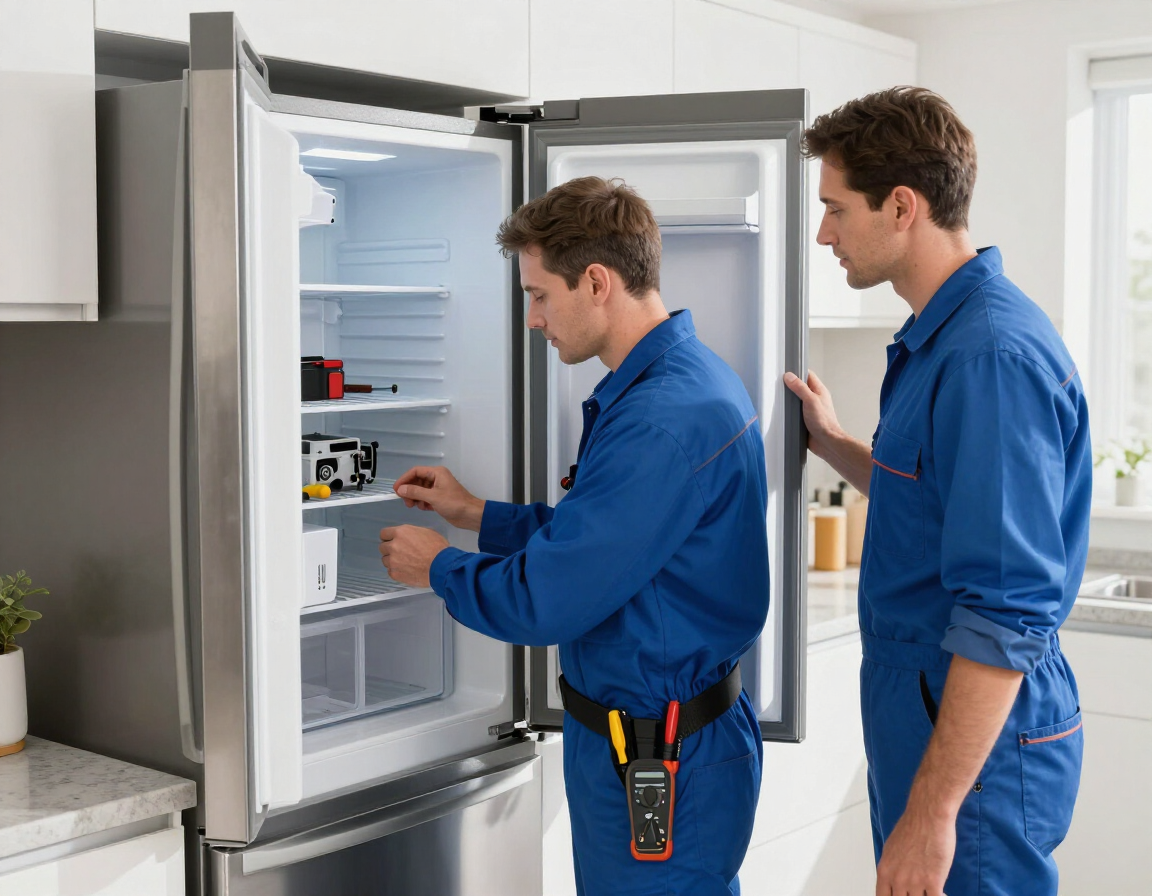Dos técnicos inspeccionan un refrigerador abierto en una cocina; uno de ellos ajusta los controles en su interior.