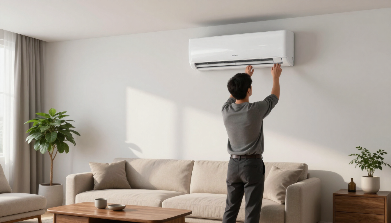 Persona limpiando un aire acondicionado de pared en una sala de estar luminosa.